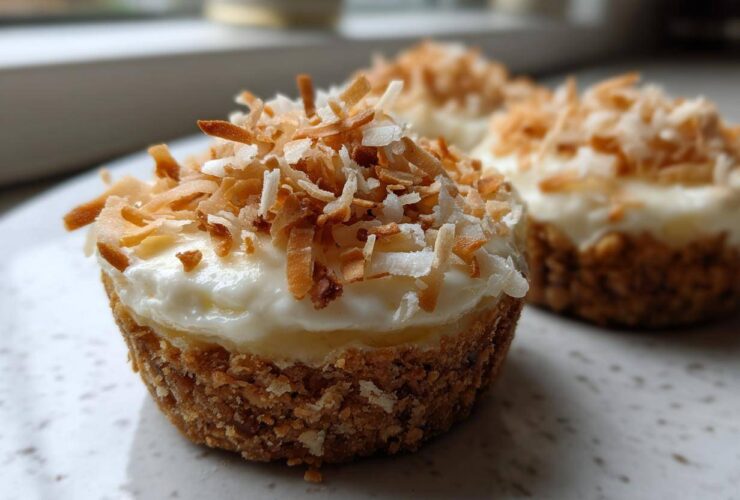 A close-up of one of the No-Bake Lemon Coconut Cheesecake Cups topped with toasted coconut flakes.