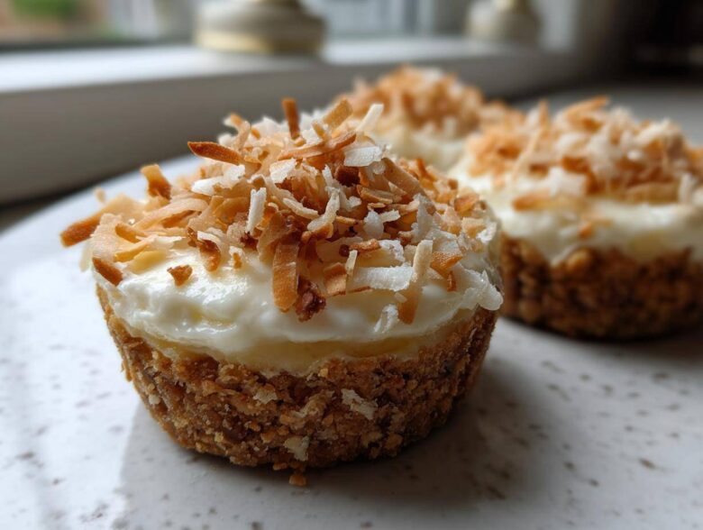 A close-up of one of the No-Bake Lemon Coconut Cheesecake Cups topped with toasted coconut flakes.