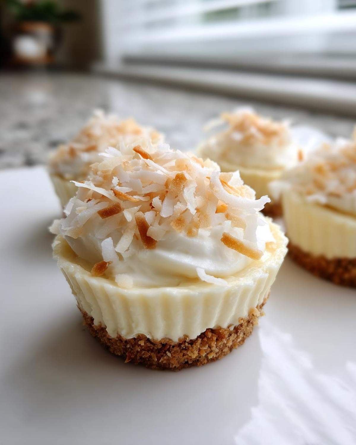 A close-up of one of the No-Bake Lemon Coconut Cheesecake Cups topped with whipped cream and toasted coconut flakes.
