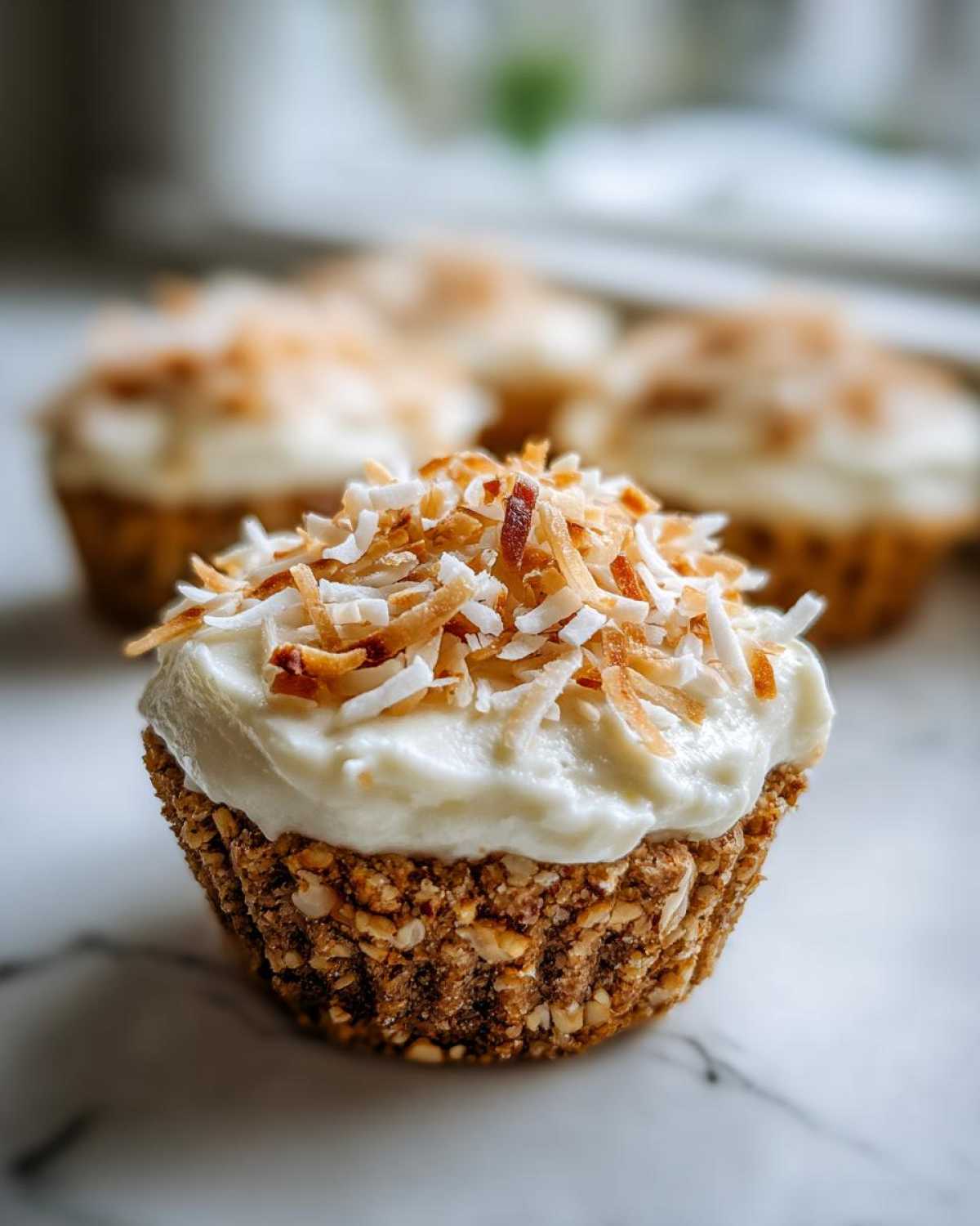 A close-up of a No-Bake Lemon Coconut Cheesecake Cup topped with white frosting and toasted coconut flakes.