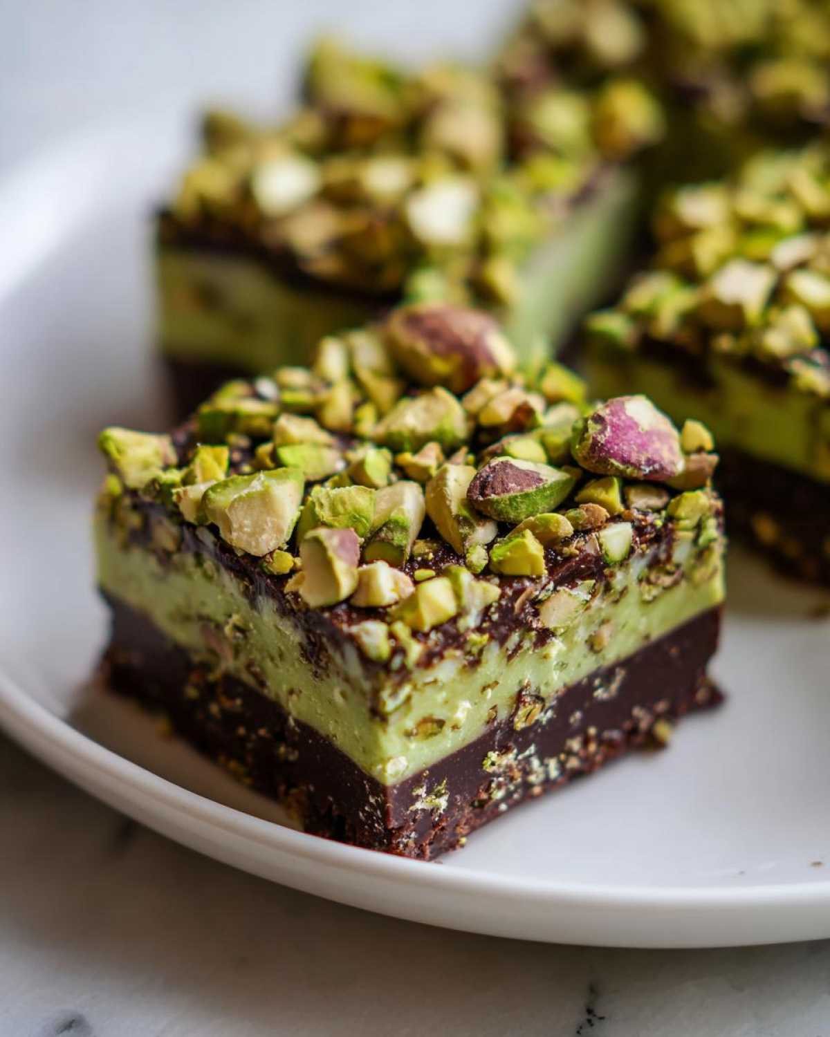 A close-up of a rich, layered No-Bake Pistachio Chocolate Fudge Squares topped with chopped pistachios.