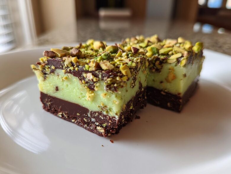 Two rich, layered No-Bake Pistachio Chocolate Fudge Squares topped with chopped pistachios, served on a white plate.