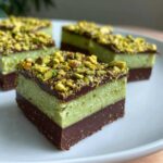 A close-up of a layered No-Bake Pistachio Chocolate Fudge Squares with a dark chocolate base, light green pistachio layer, and crushed pistachios on top.