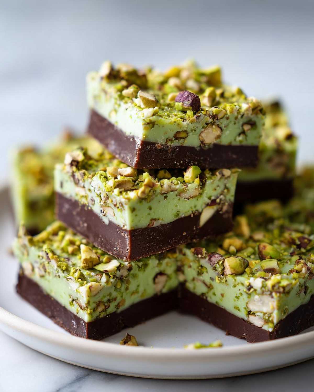 A stack of rich, two-layered No-Bake Pistachio Chocolate Fudge Squares topped with chopped pistachios.