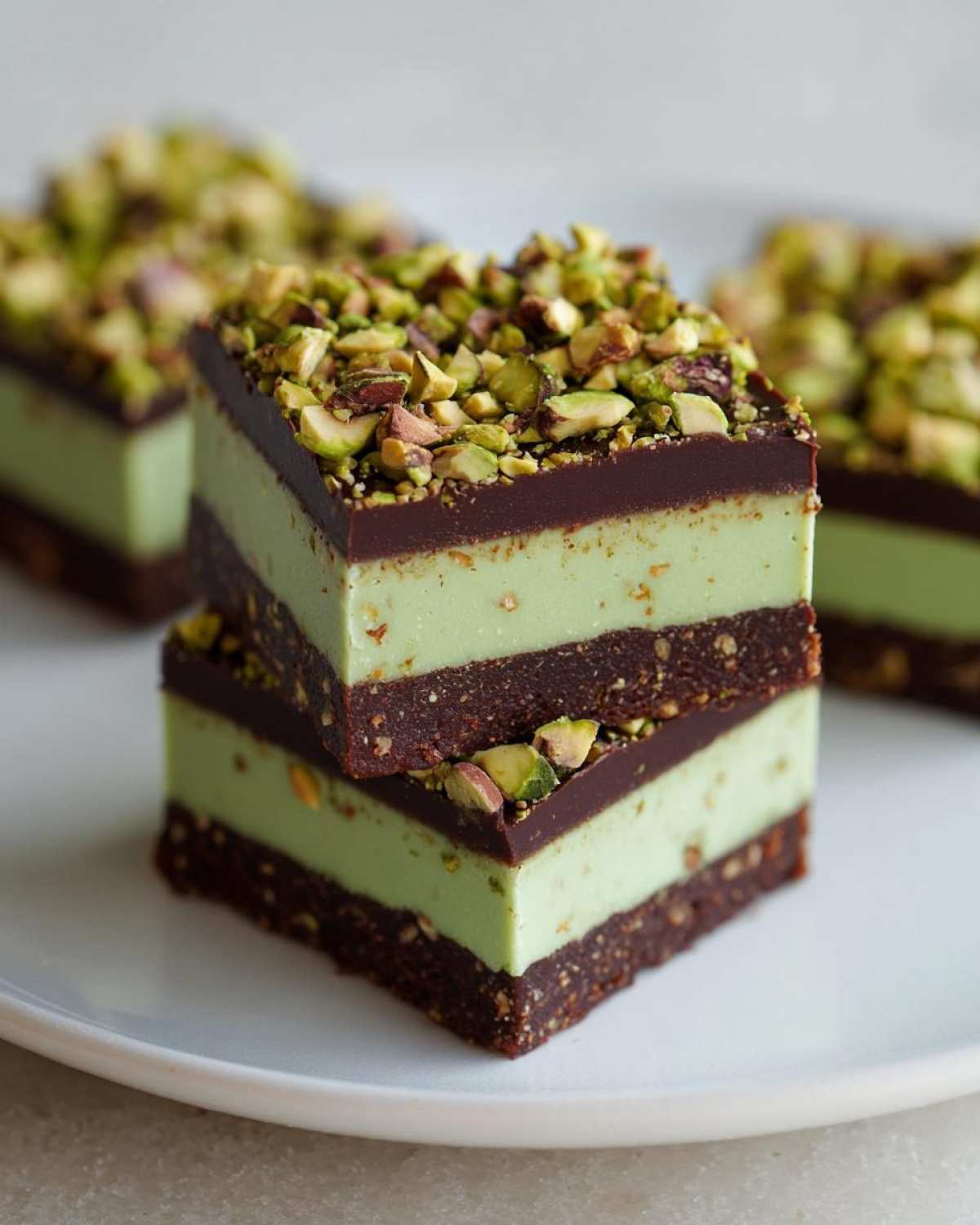 Two stacked squares of No-Bake Pistachio Chocolate Fudge Squares with a dark chocolate layer and chopped pistachios on top.