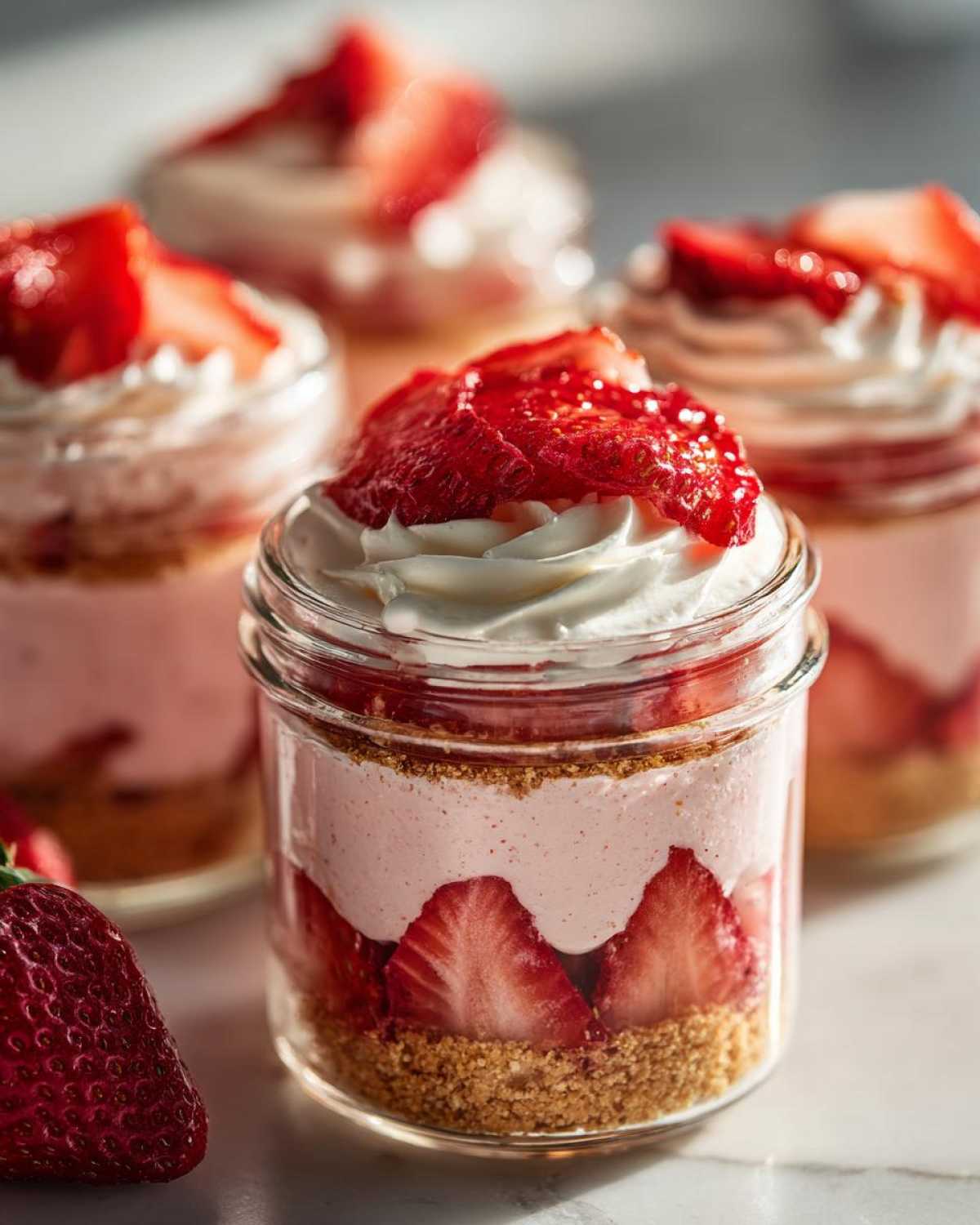 A close-up of a No-Bake Strawberry Cream Pie Jar layered with graham cracker crust, fresh strawberries, pink cream, and whipped topping.