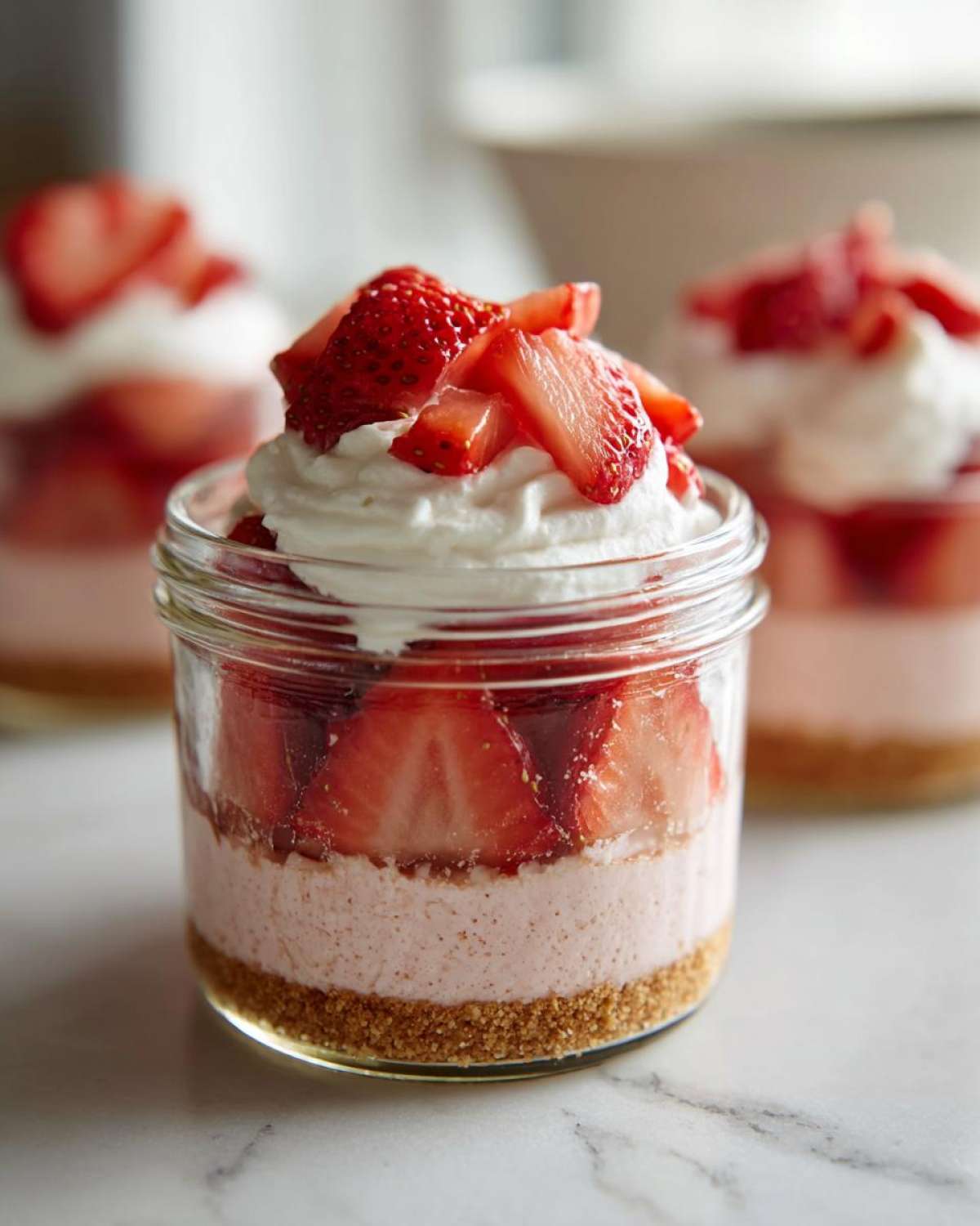 Close-up of a layered No-Bake Strawberry Cream Pie Jars featuring a graham cracker crust, pink cream filling, fresh strawberries, and whipped cream.