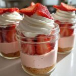 Three individual No-Bake Strawberry Cream Pie Jars featuring graham cracker crust, pink filling, fresh strawberries, and whipped cream.