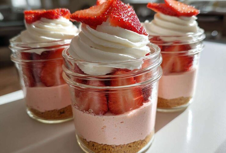 Three individual No-Bake Strawberry Cream Pie Jars featuring graham cracker crust, pink filling, fresh strawberries, and whipped cream.