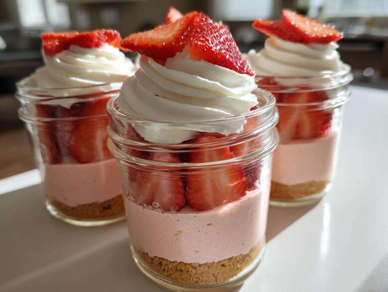Three individual No-Bake Strawberry Cream Pie Jars featuring graham cracker crust, pink filling, fresh strawberries, and whipped cream.