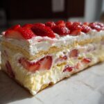 A close-up cross-section view of a layered No-Bake Strawberry Lemon Icebox Cake with cream and fresh strawberries.