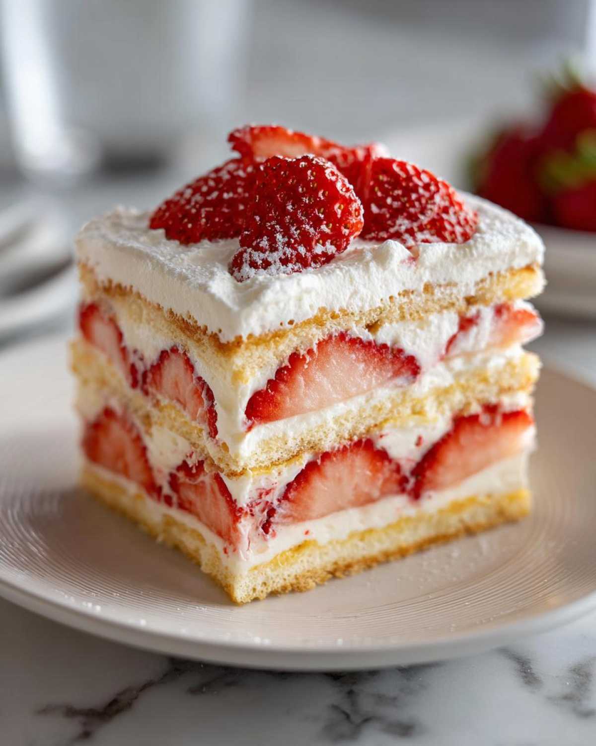 A perfect square slice of No-Bake Strawberry Lemon Icebox Cake layered with cream, strawberries, and graham crackers.