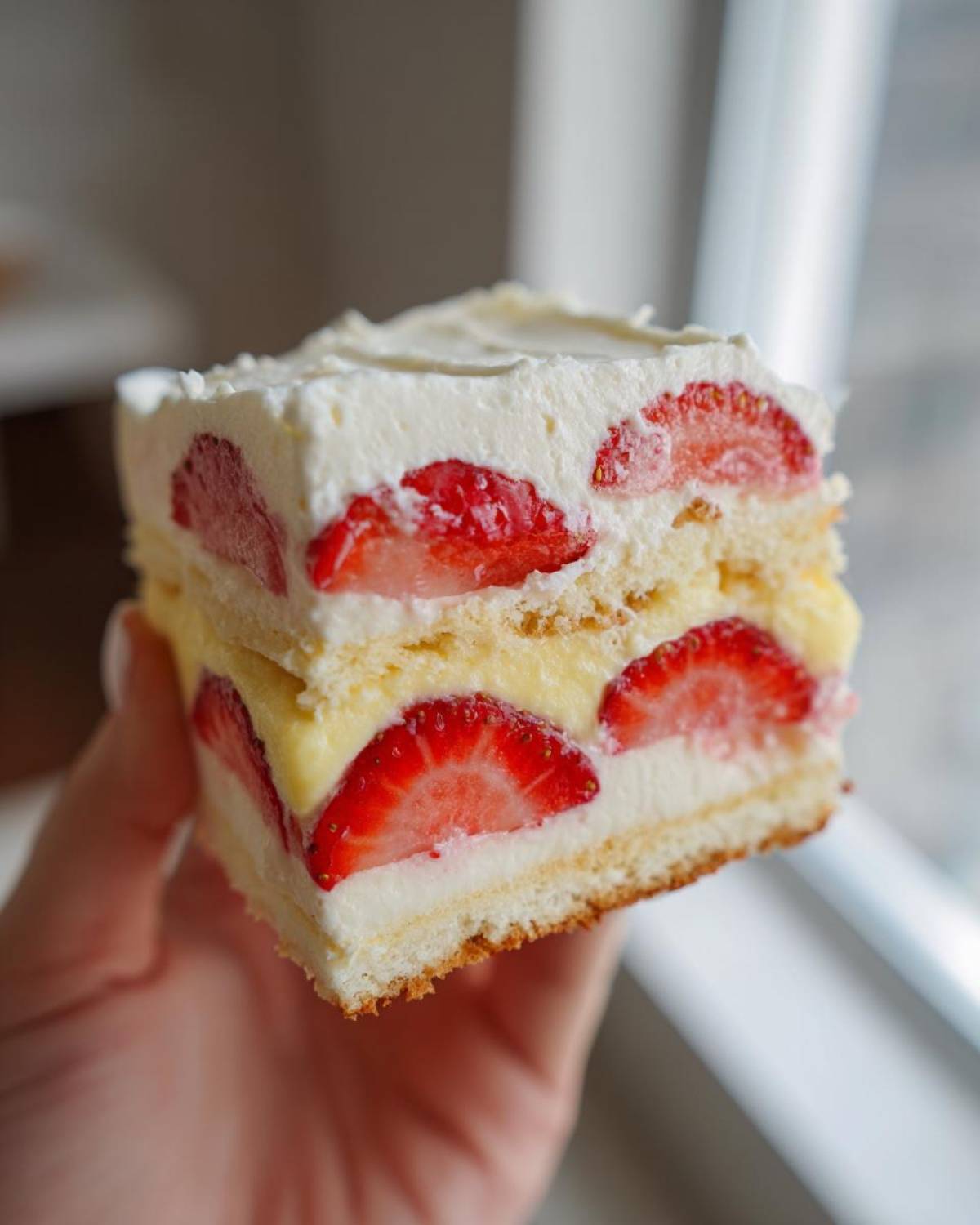 A hand holding a square slice of No-Bake Strawberry Lemon Icebox Cake layered with cream and fresh strawberries.
