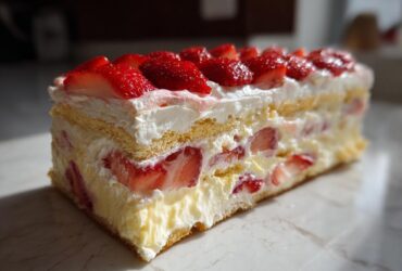 A close-up cross-section view of a layered No-Bake Strawberry Lemon Icebox Cake with cream and fresh strawberries.