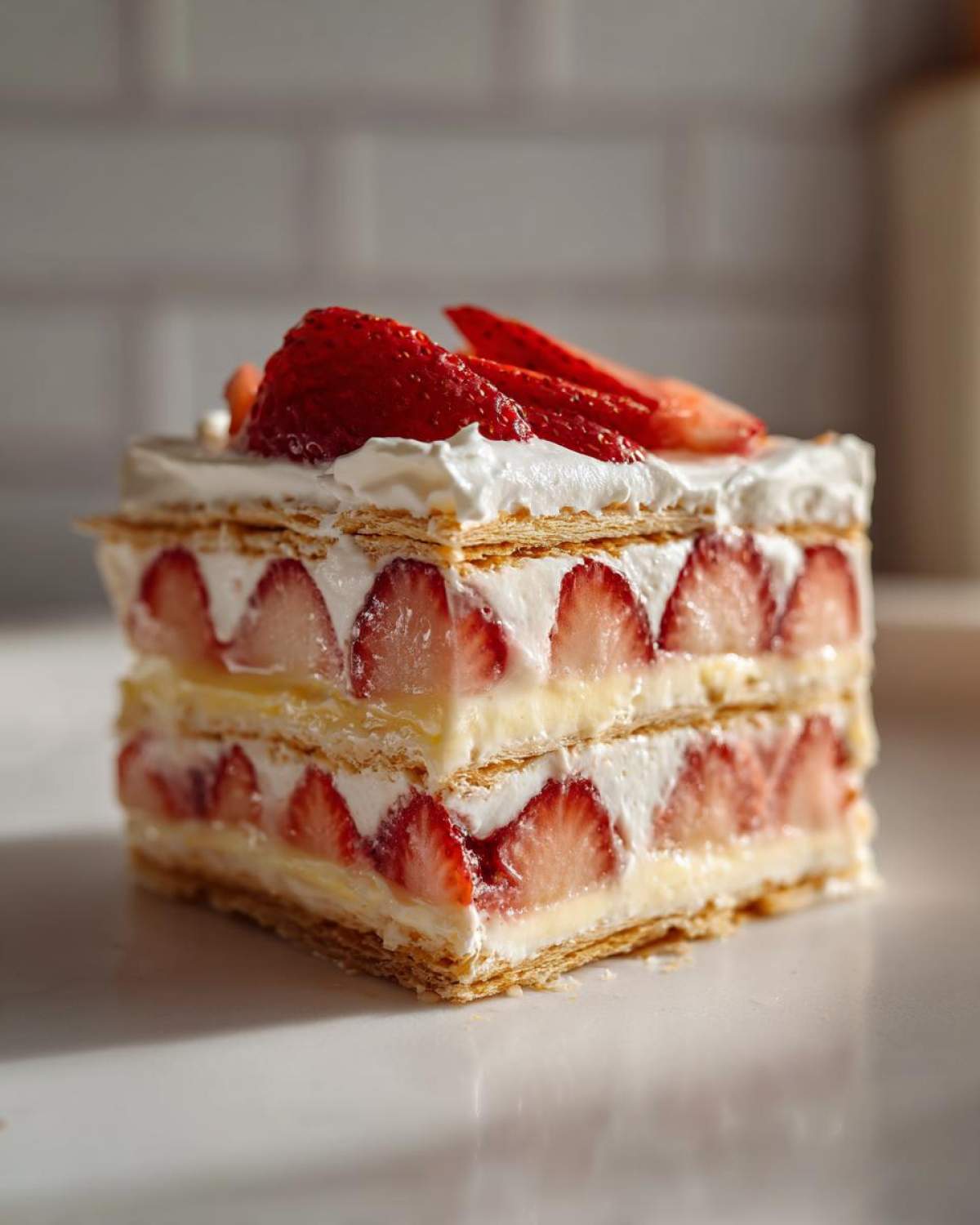 A beautiful slice of No-Bake Strawberry Lemon Icebox Cake showing layers of cream, sliced strawberries, and pastry.