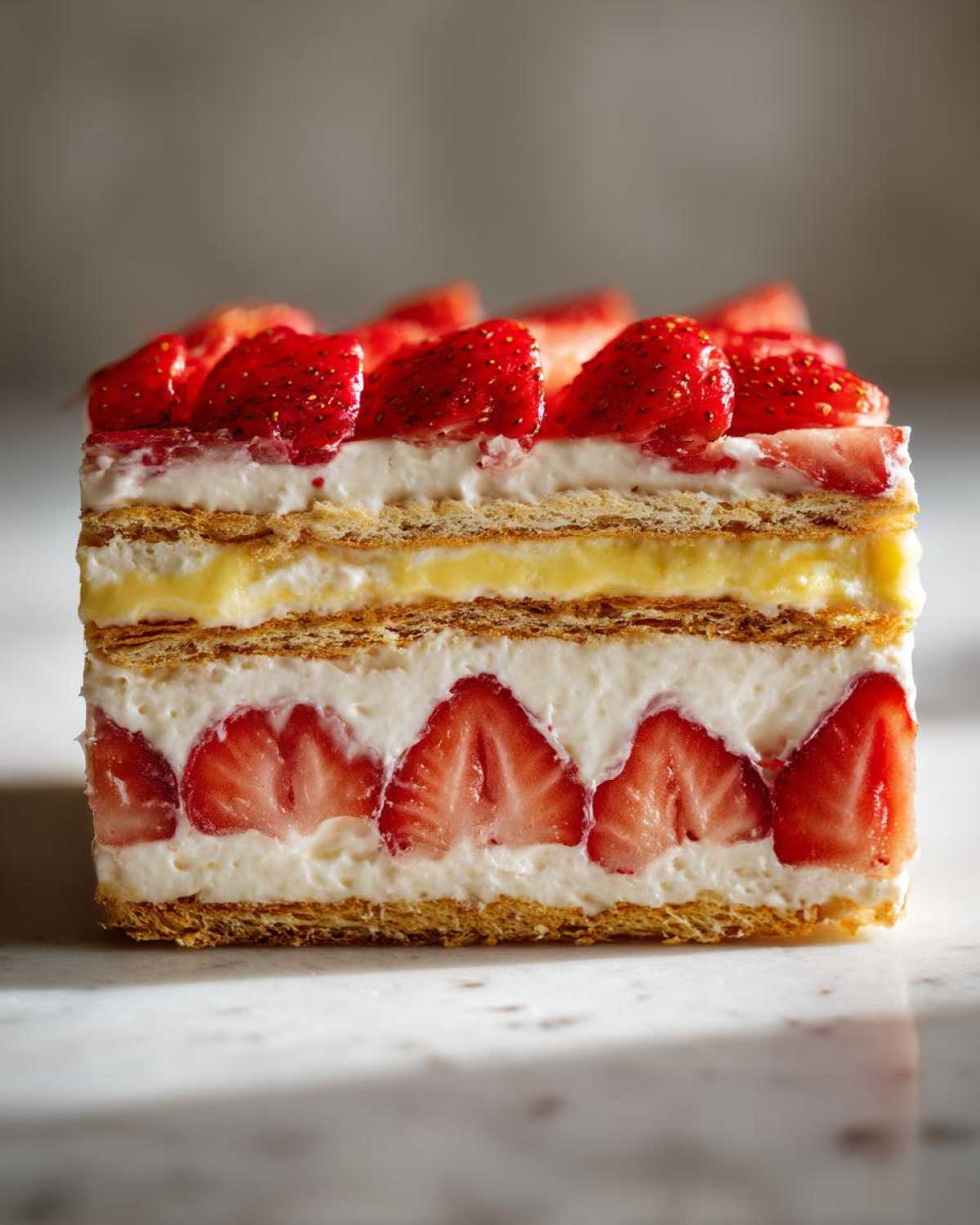 Cross-section of a layered No-Bake Strawberry Lemon Icebox Cake showing graham cracker layers, cream, custard, and fresh strawberries.