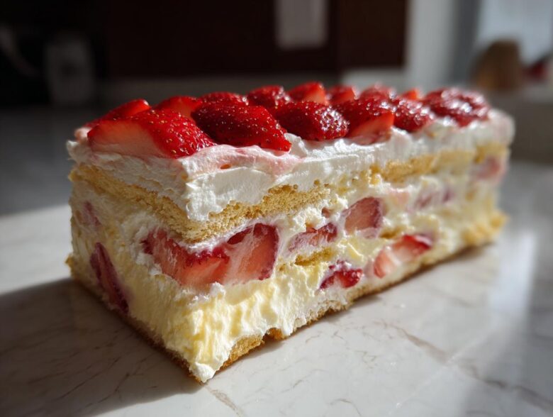 A close-up cross-section view of a layered No-Bake Strawberry Lemon Icebox Cake with cream and fresh strawberries.