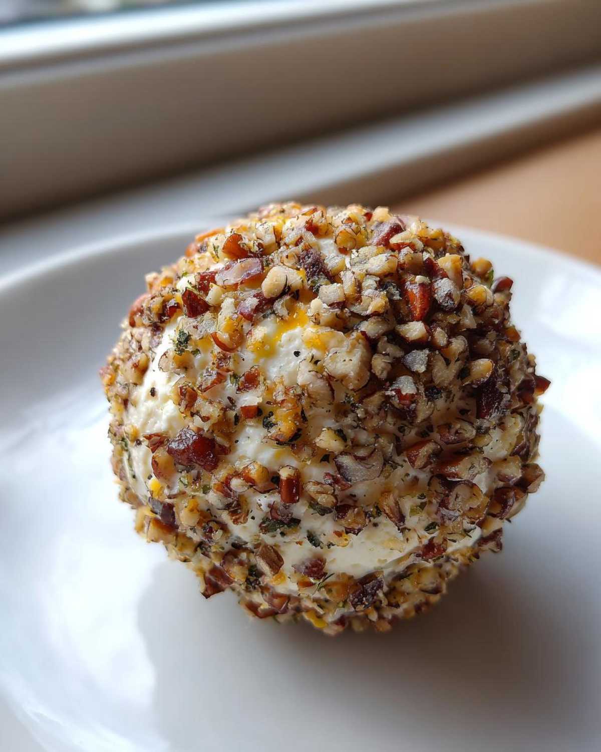 A close-up of a perfectly formed cheese ball recipe coated entirely in chopped pecans and herbs.