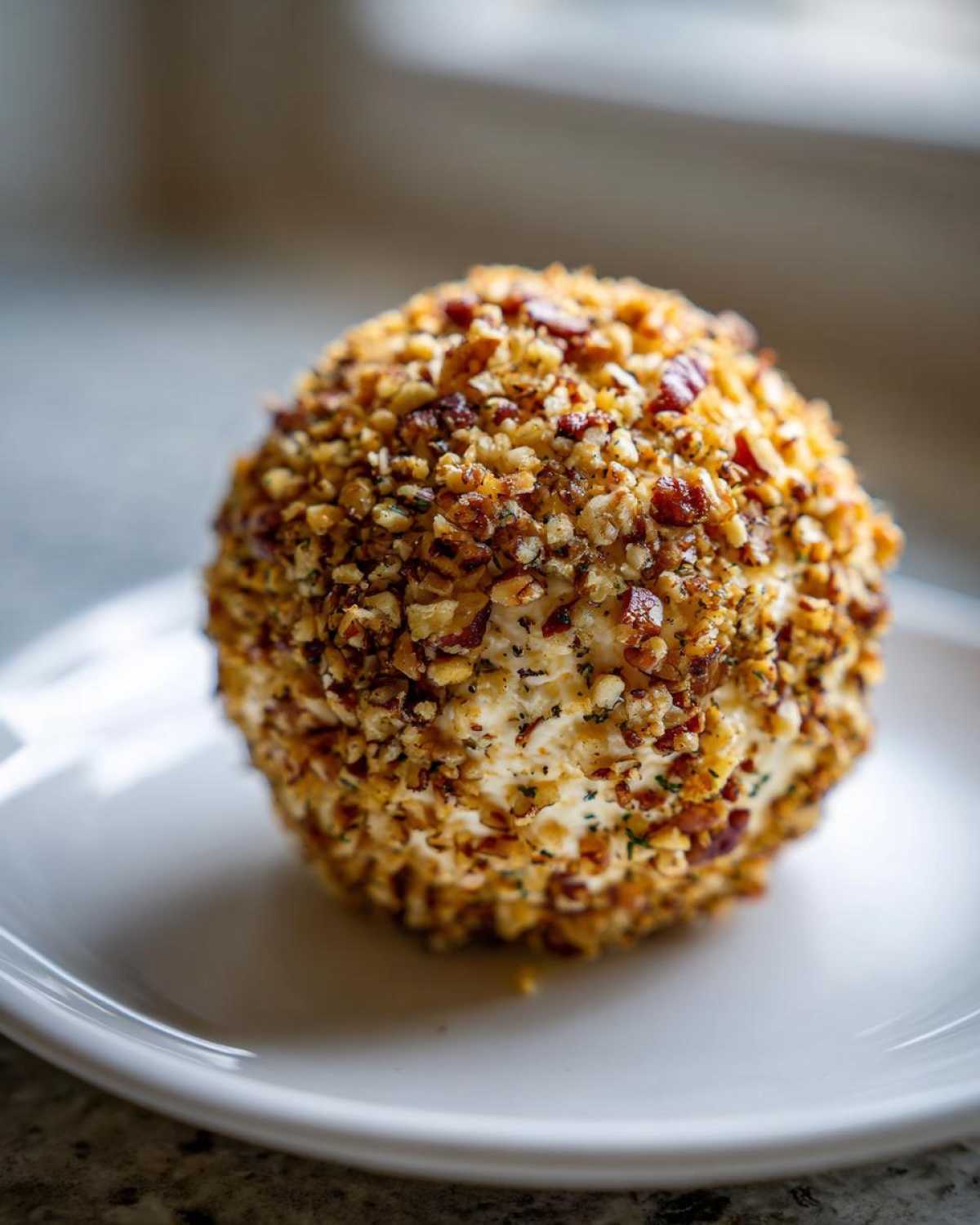A beautifully formed, round cheese ball recipe coated entirely in chopped pecans and herbs, sitting on a white plate.