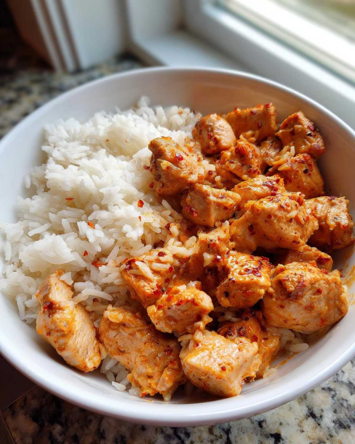 Close-up of bite-sized pieces of flavorful cajun chicken mixed with white rice in a white bowl.