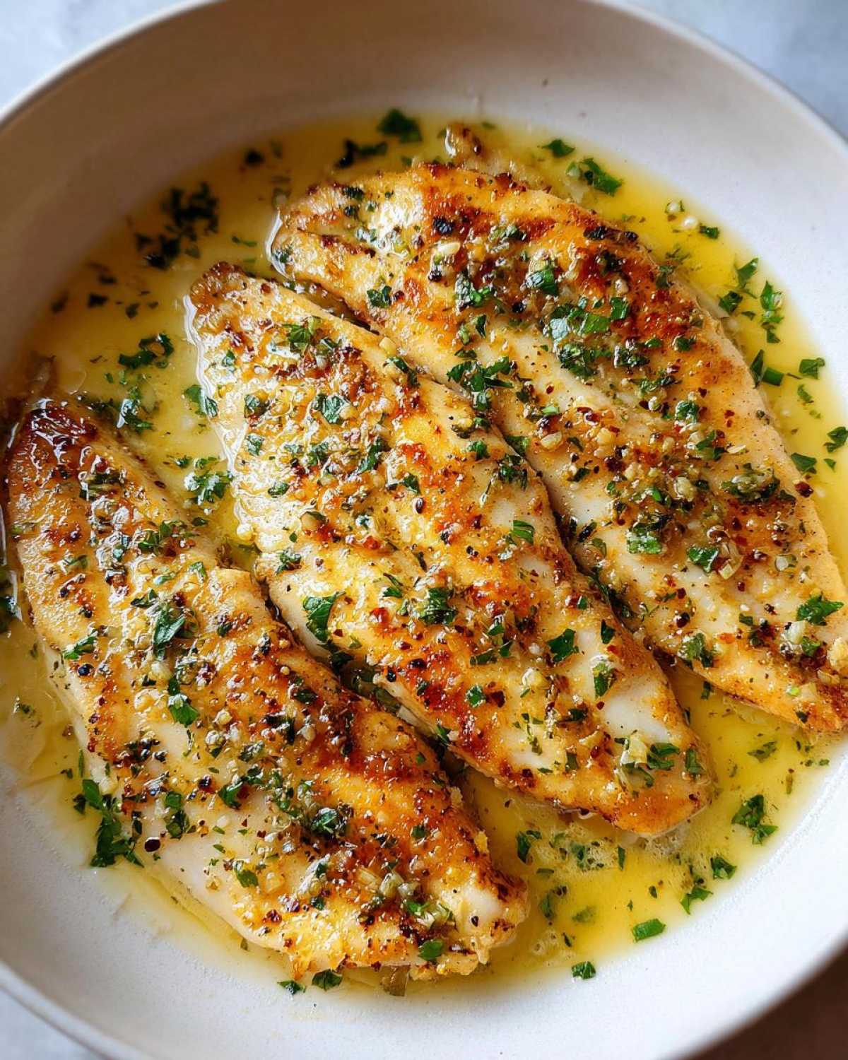 Close-up of three perfectly cooked fillets of One-Pan Creamy Garlic Butter Tilapia swimming in a rich garlic butter sauce.