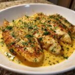 Four fillets of One-Pan Creamy Garlic Butter Tilapia swimming in a rich, yellow garlic butter sauce and topped with fresh parsley.