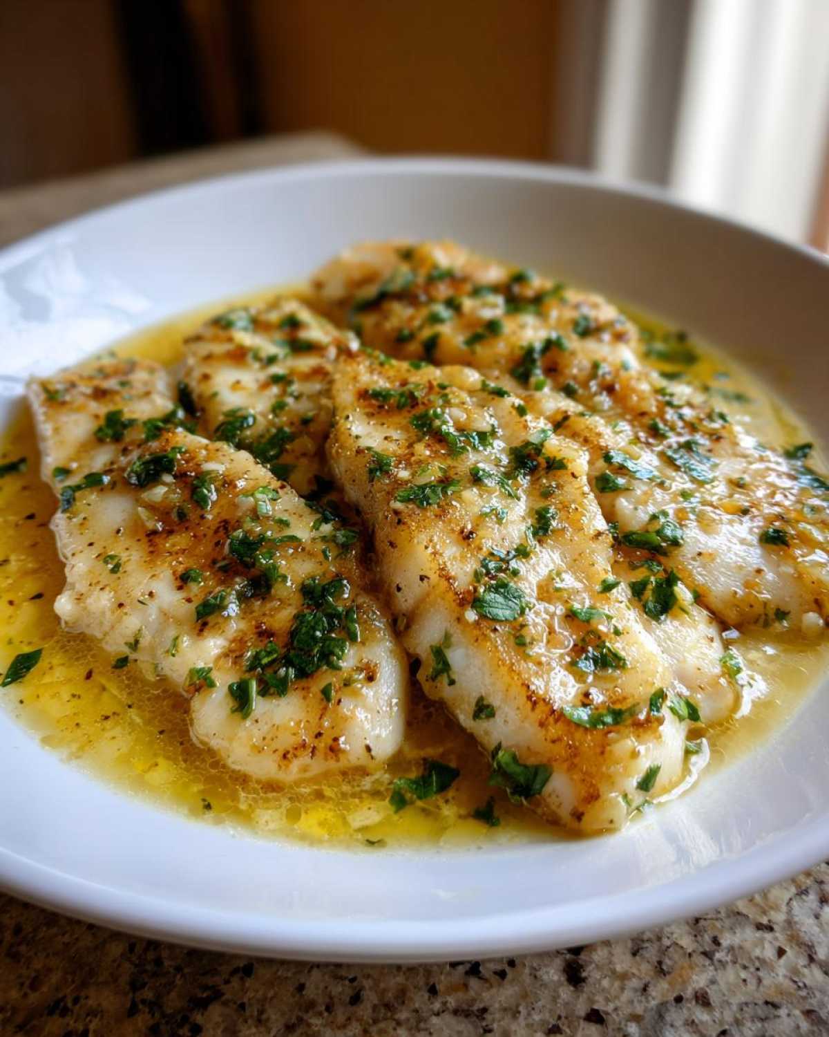 Four fillets of One-Pan Creamy Garlic Butter Tilapia swimming in a rich, buttery garlic sauce and topped with fresh parsley.