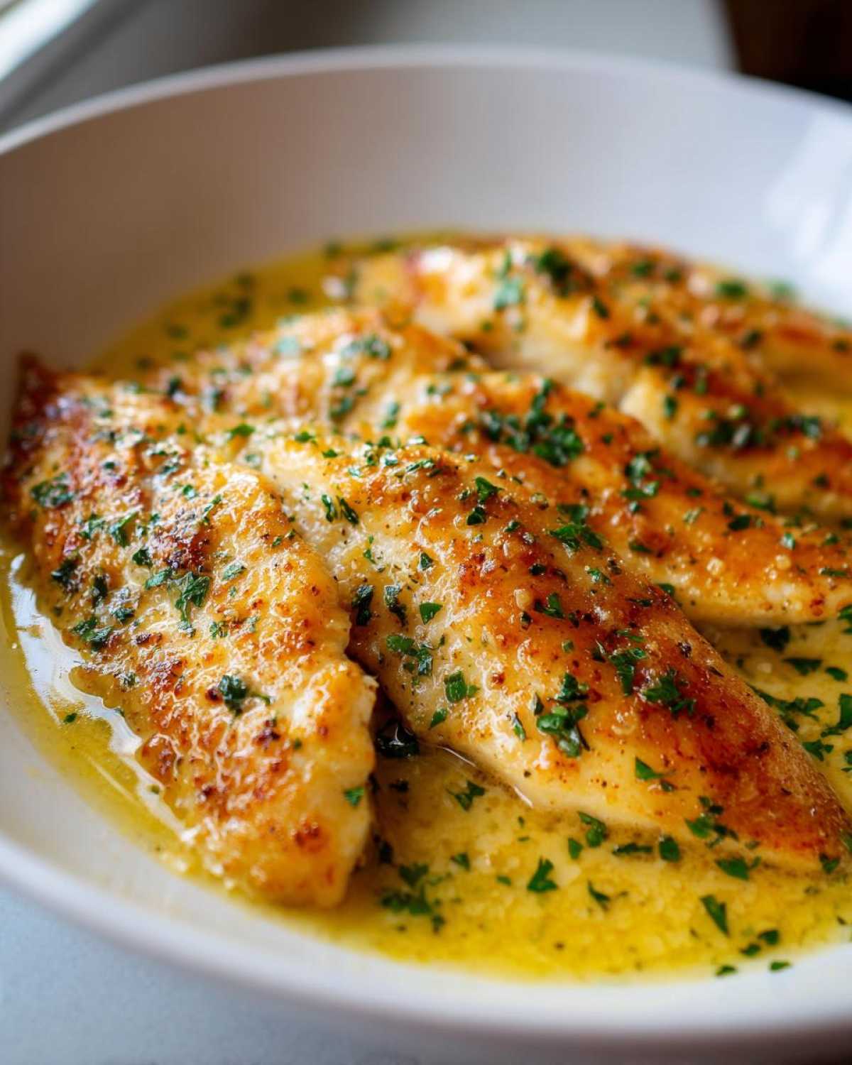 Close-up of golden-brown One-Pan Creamy Garlic Butter Tilapia fillets swimming in a rich, yellow garlic butter sauce and topped with fresh parsley.