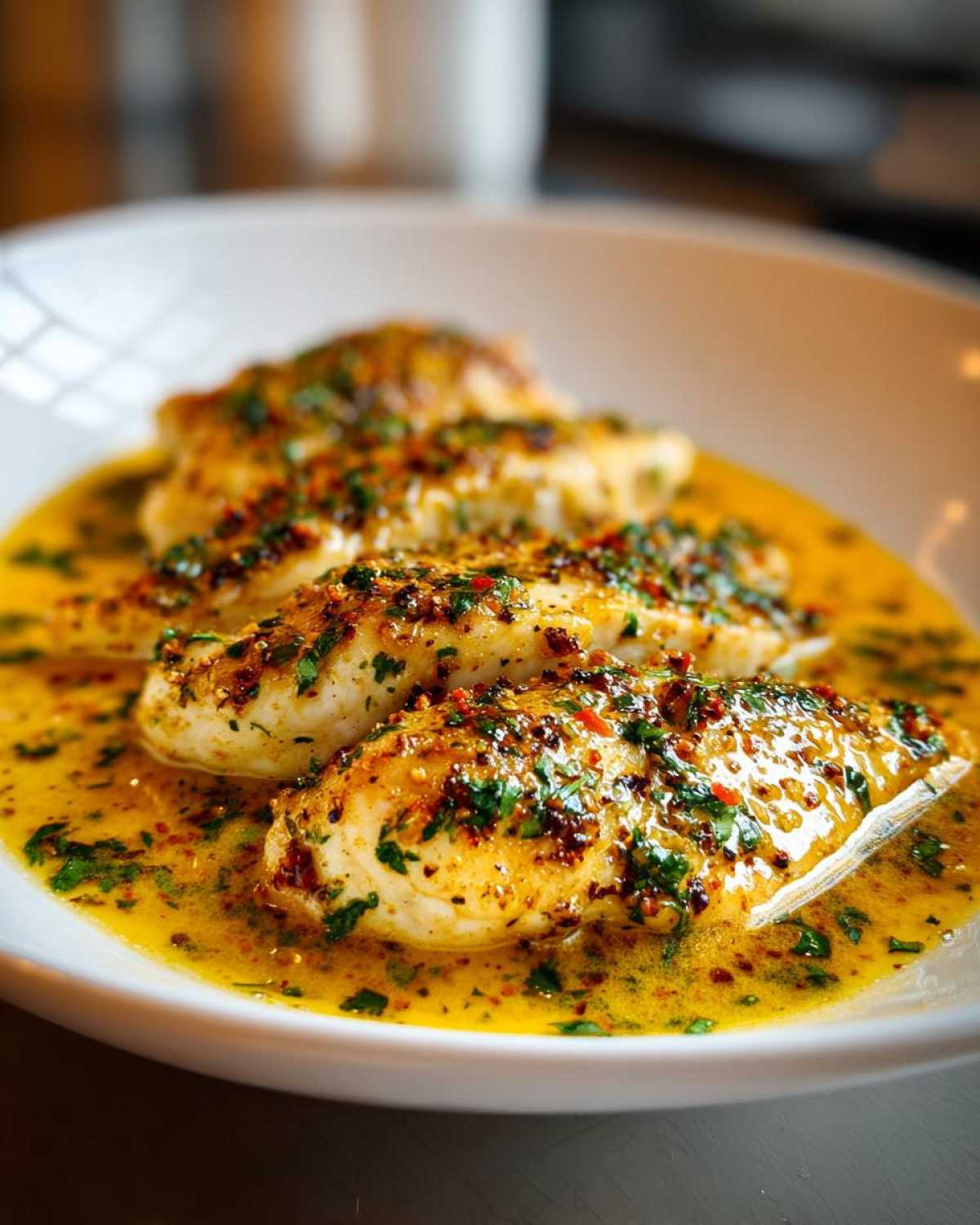 Close-up of three fillets of One-Pan Creamy Garlic Butter Tilapia swimming in a rich, yellow garlic butter sauce topped with herbs.