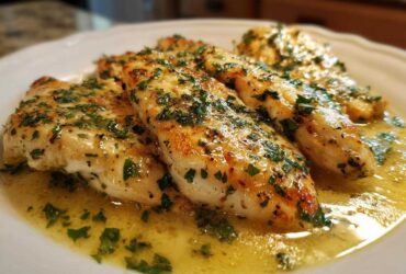 Four golden-brown fillets of One-Pan Creamy Garlic Butter Tilapia swimming in a rich, buttery garlic sauce and topped with fresh parsley.