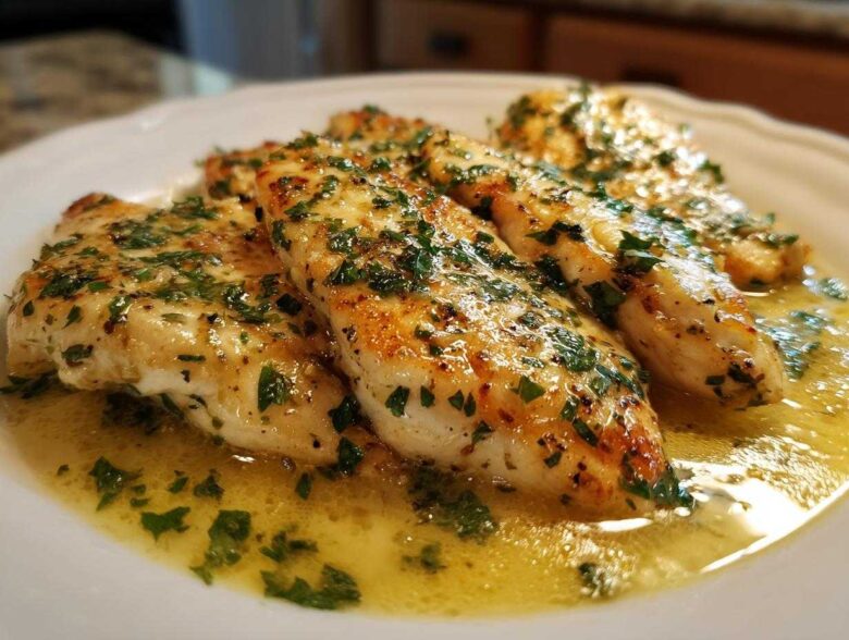 Four golden-brown fillets of One-Pan Creamy Garlic Butter Tilapia swimming in a rich, buttery garlic sauce and topped with fresh parsley.