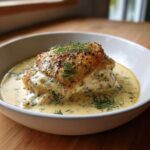 A perfectly cooked chicken thigh with crispy skin resting in a pool of creamy lemon dill sauce, garnished with fresh dill.