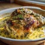 Close-up of golden-brown One-Pan Creamy Lemon Dill Chicken Thighs topped with fresh dill in a rich sauce.