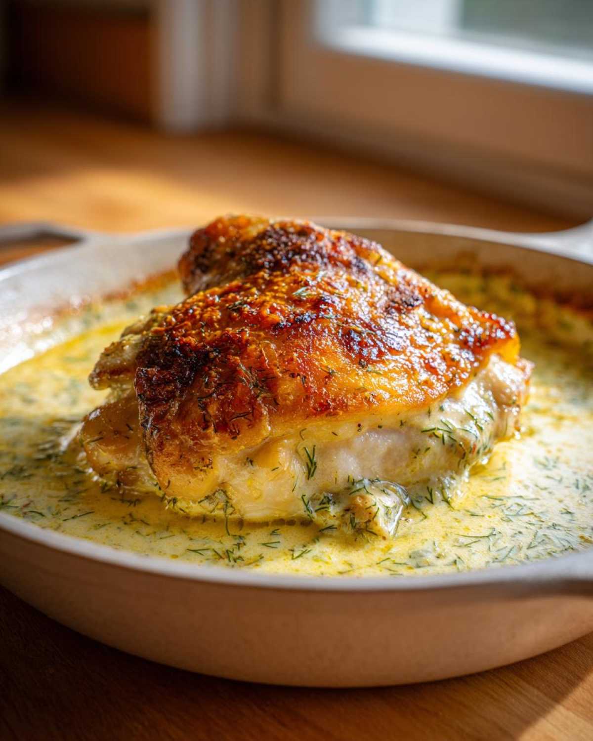 A perfectly cooked chicken thigh with crispy skin resting in a creamy lemon dill sauce, ready to serve.