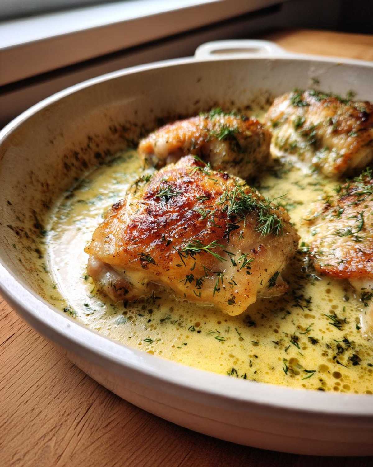 Close-up of crispy One-Pan Creamy Lemon Dill Chicken Thighs simmering in a rich, yellow dill sauce.