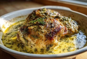 Close-up of golden-brown One-Pan Creamy Lemon Dill Chicken Thighs topped with fresh dill in a rich sauce.