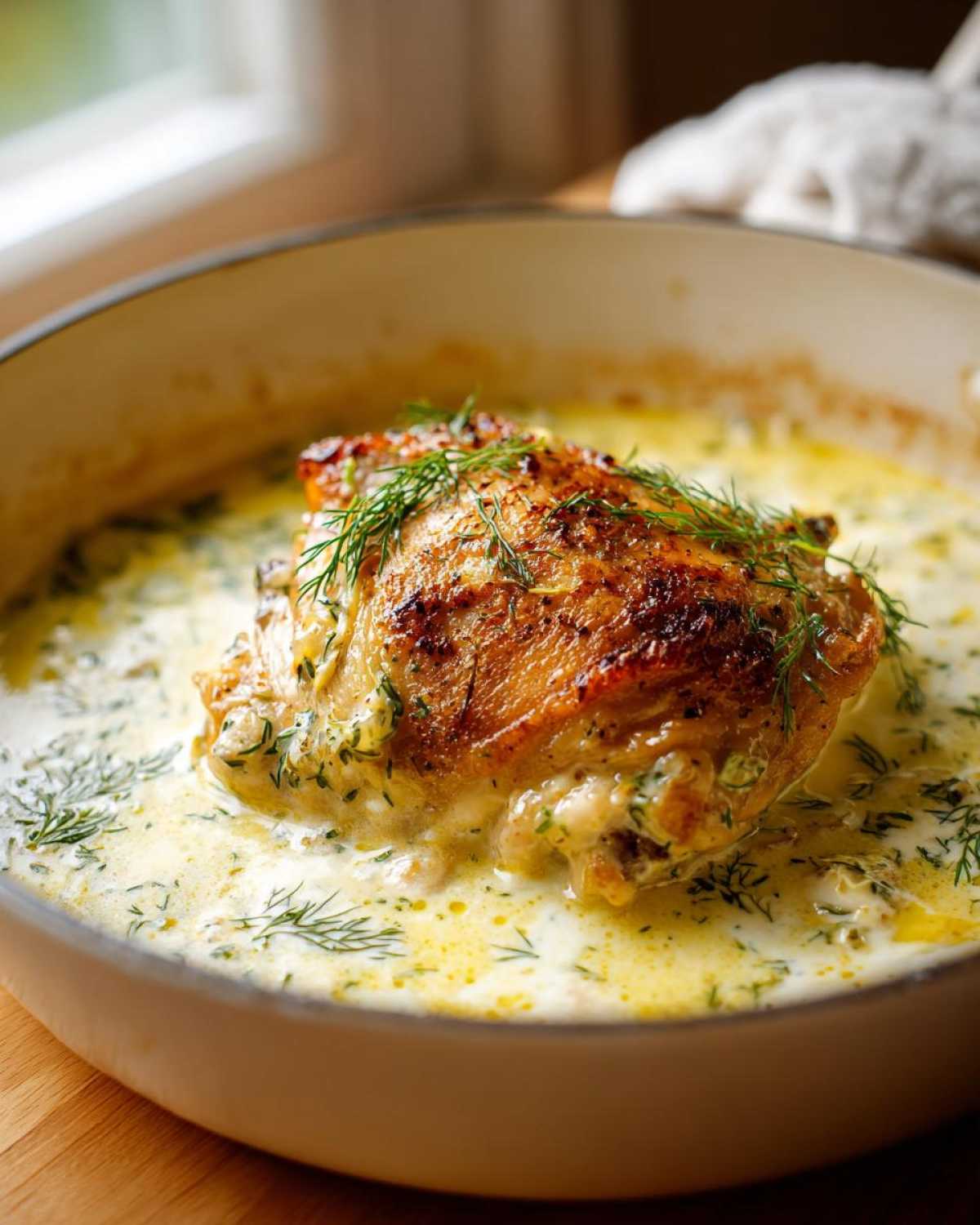 Close-up of a crispy One-Pan Creamy Lemon Dill Chicken Thighs submerged in a rich, creamy dill sauce.