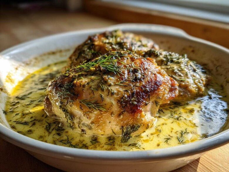 Close-up of golden-brown One-Pan Creamy Lemon Dill Chicken Thighs topped with fresh dill in a rich sauce.