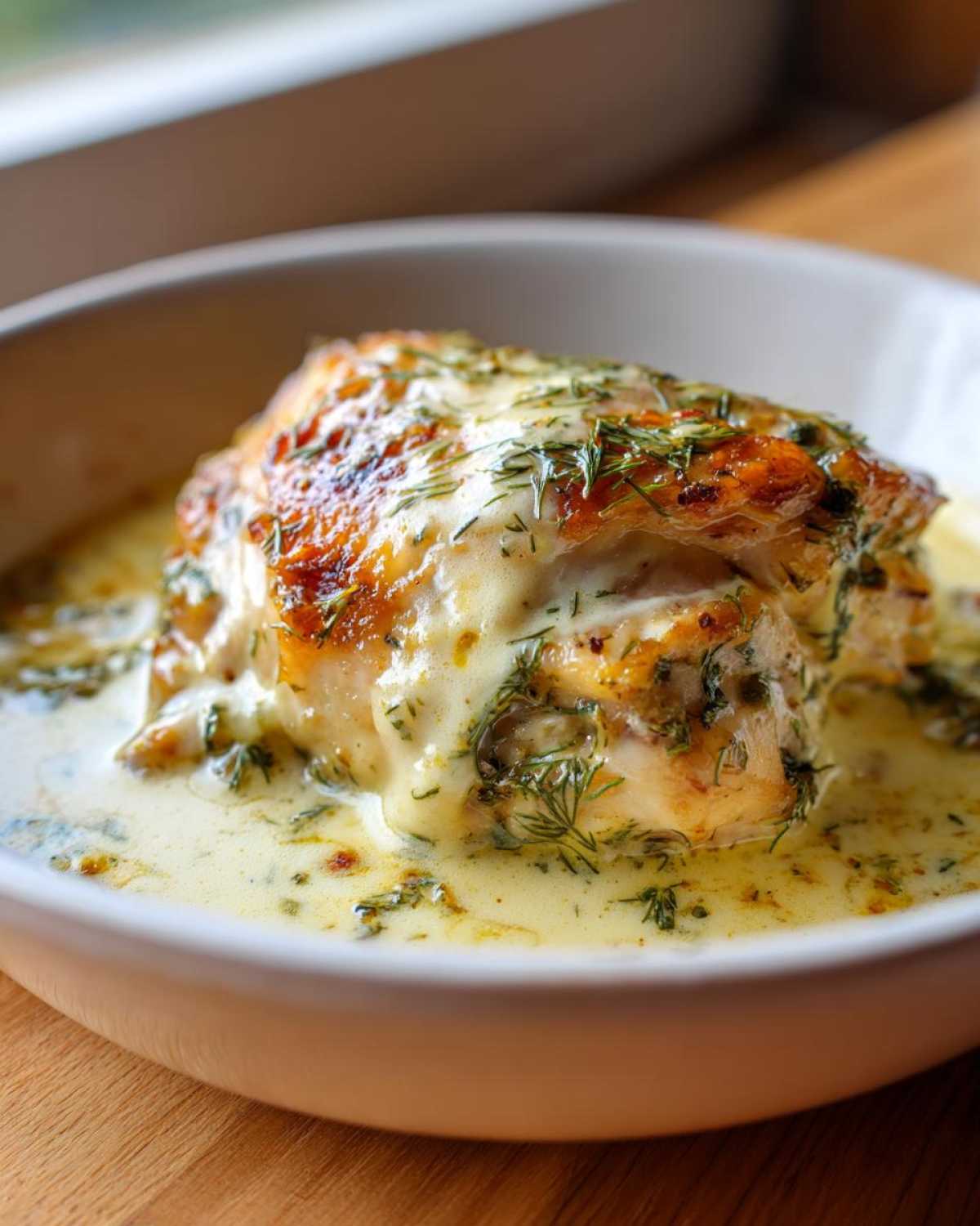 Close-up of a perfectly cooked chicken thigh smothered in creamy lemon dill sauce and fresh dill.