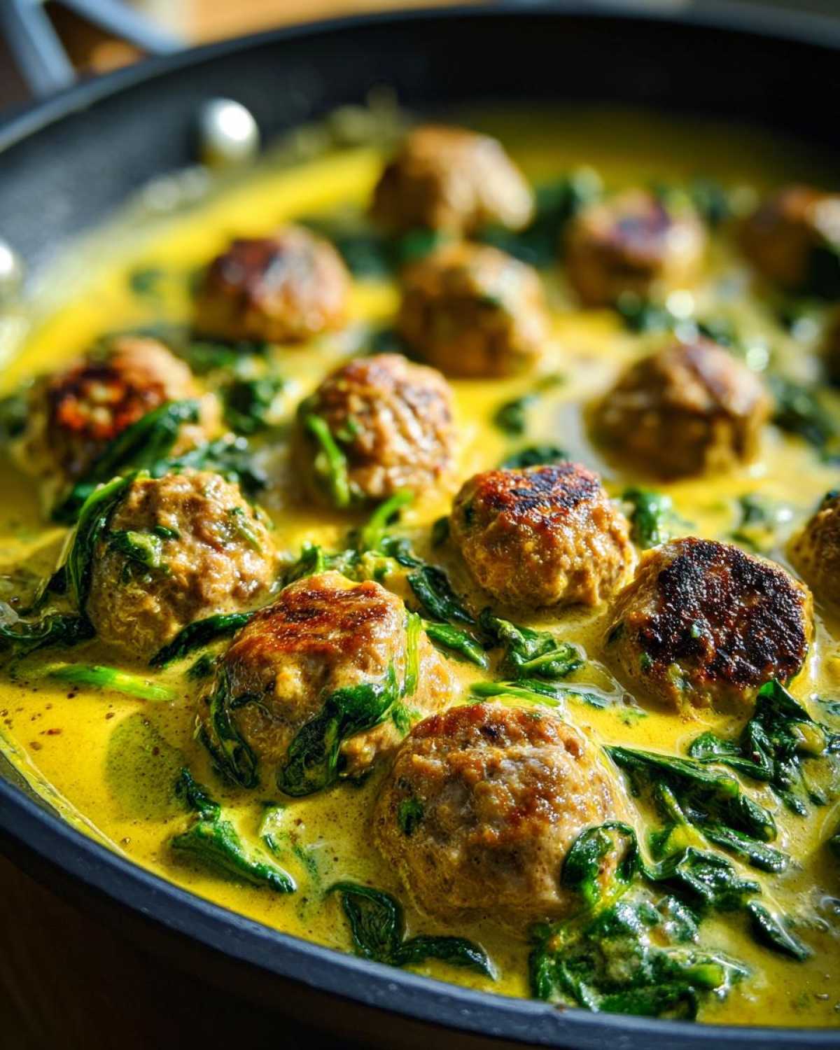 Close-up of browned turkey meatballs simmering in a creamy yellow lemon garlic sauce with wilted spinach.