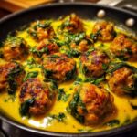 Close-up of browned turkey meatballs simmering in a creamy lemon garlic sauce with wilted spinach.