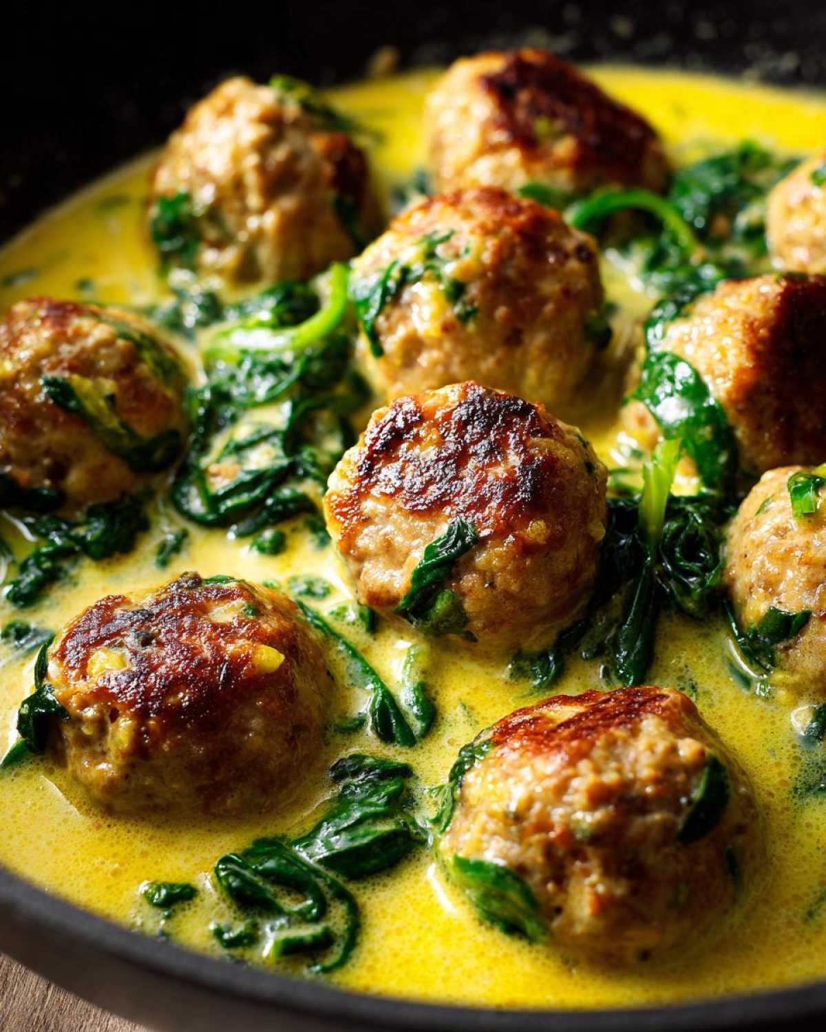 Close-up of browned One-Pan Creamy Lemon Garlic Turkey Meatballs simmering in a rich, yellow sauce with wilted spinach.