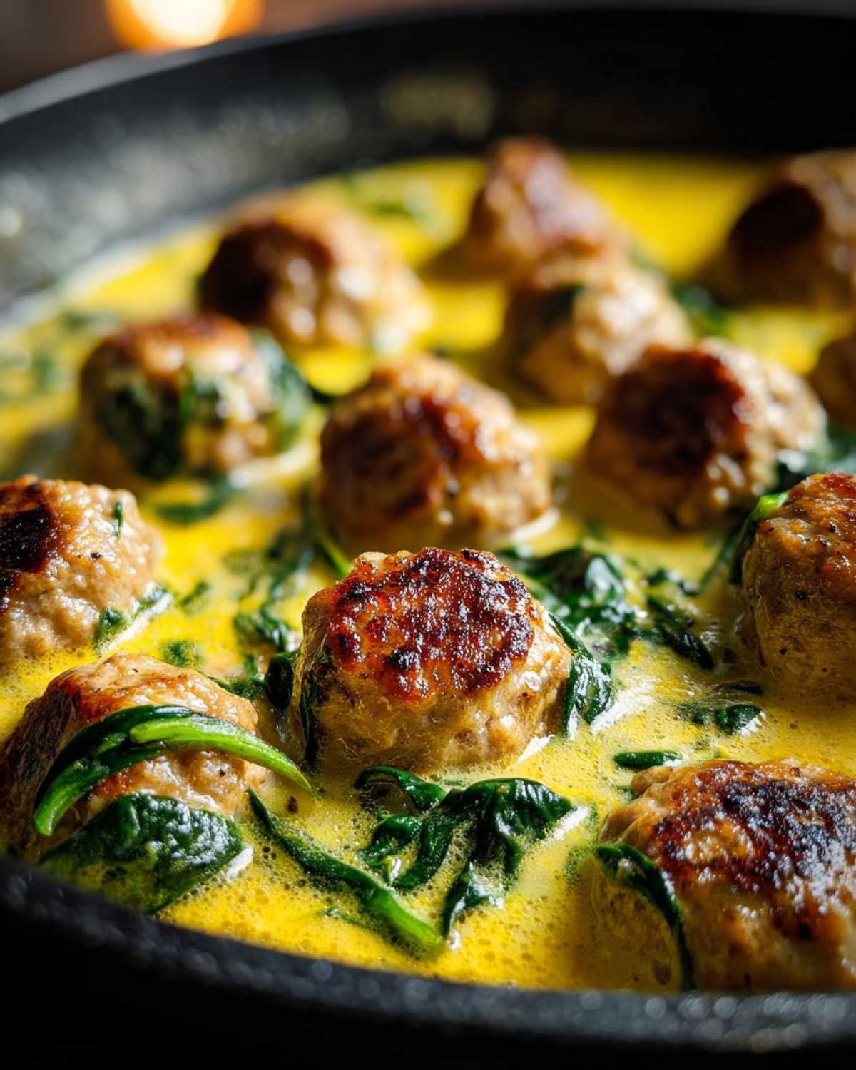 Close-up of browned One-Pan Creamy Lemon Garlic Turkey Meatballs simmering in a rich, yellow sauce with wilted spinach.