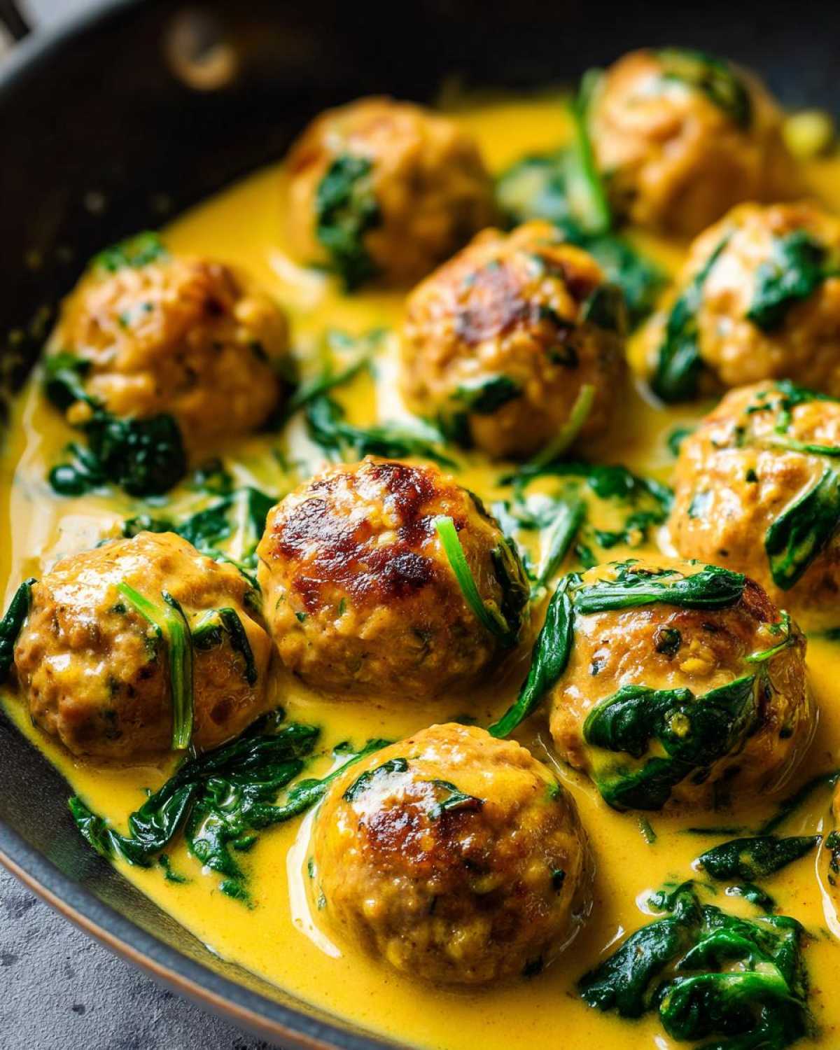 Close-up of browned One-Pan Creamy Lemon Garlic Turkey Meatballs simmering in a rich, yellow lemon cream sauce with wilted spinach.