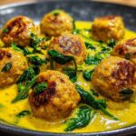 Close-up of seared One-Pan Creamy Lemon Garlic Turkey Meatballs served in a vibrant yellow sauce with wilted spinach.