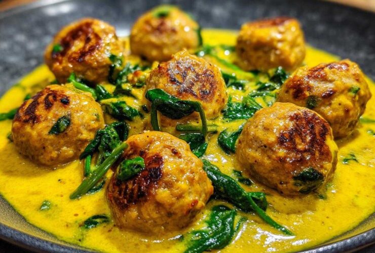 Close-up of seared One-Pan Creamy Lemon Garlic Turkey Meatballs served in a vibrant yellow sauce with wilted spinach.