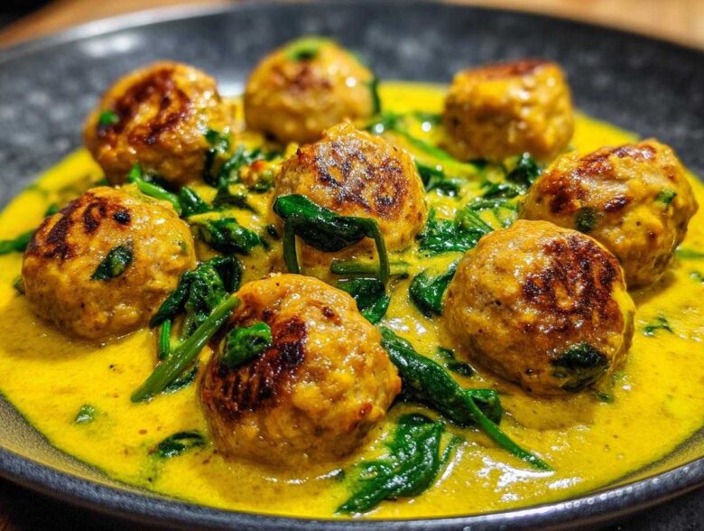 Close-up of seared One-Pan Creamy Lemon Garlic Turkey Meatballs served in a vibrant yellow sauce with wilted spinach.