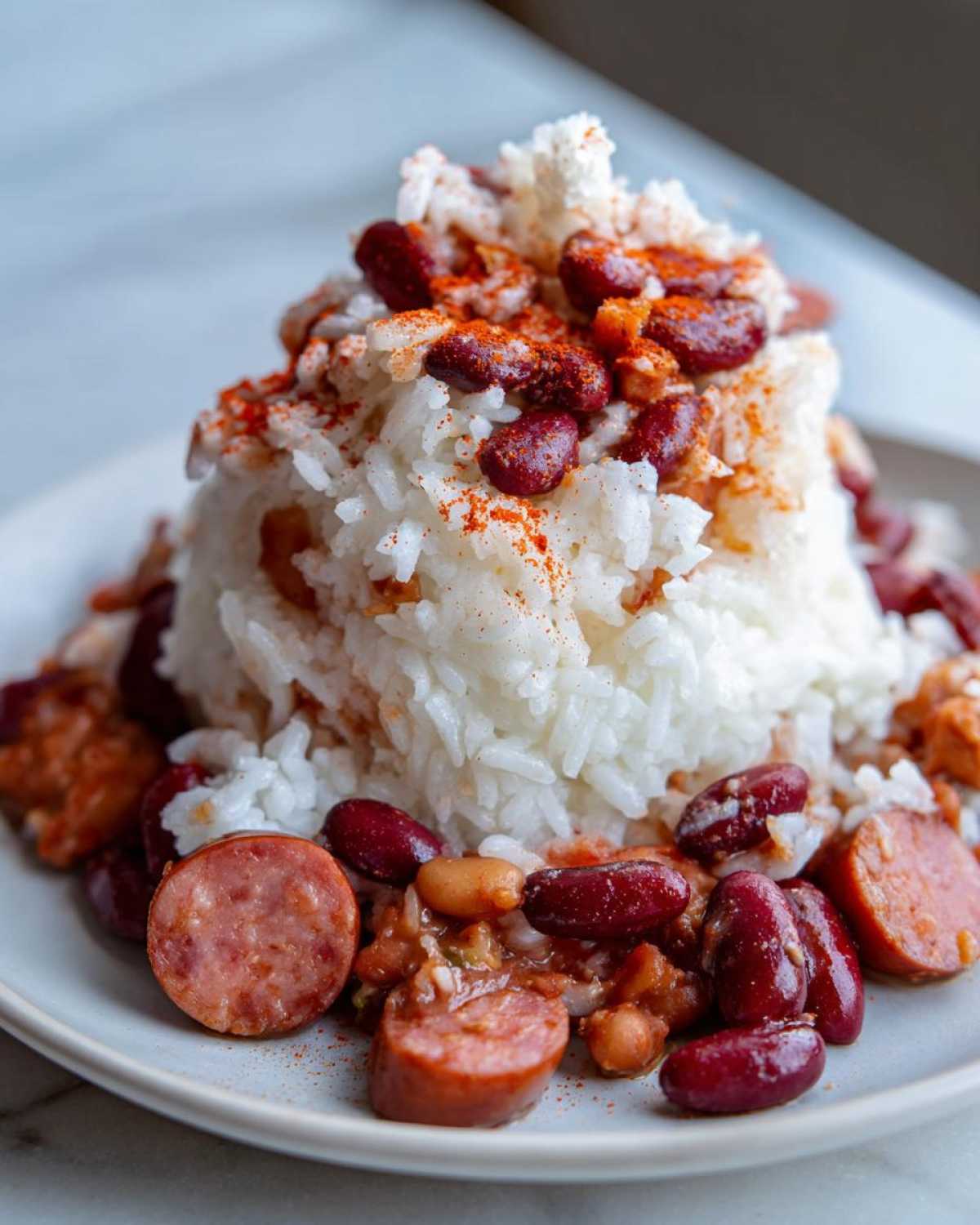 Close-up of a mound of white rice topped with red kidney beans and smoked sausage slices, seasoned with paprika for amazing beans and rice.