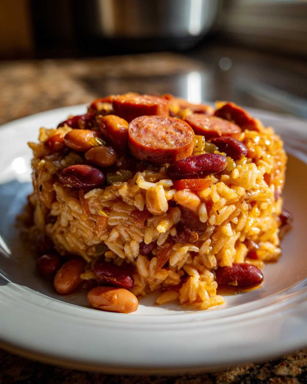 A molded serving of flavorful beans and rice topped with slices of smoked sausage.