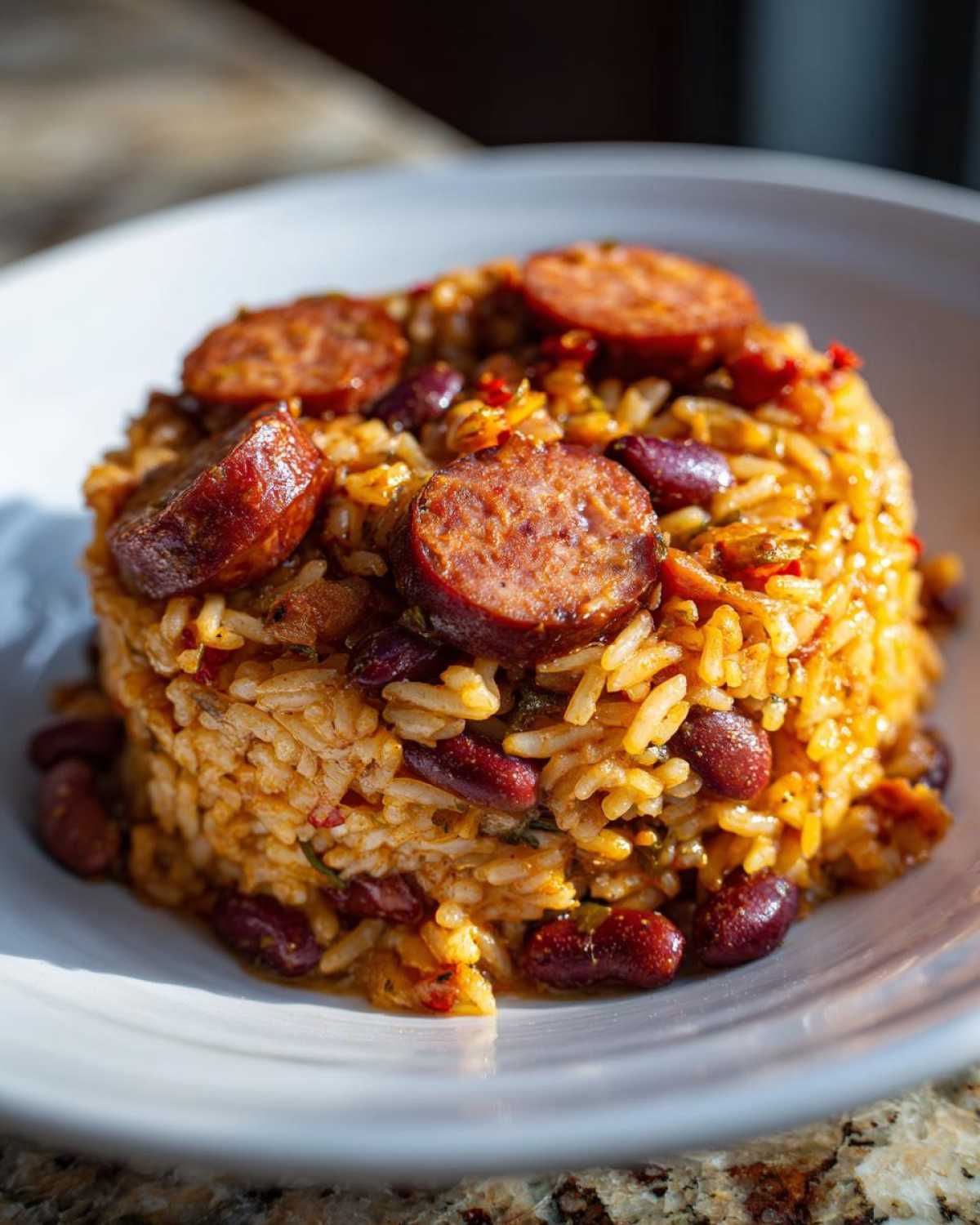 A beautifully plated mound of seasoned beans and rice mixed with kidney beans and topped with slices of smoked sausage.